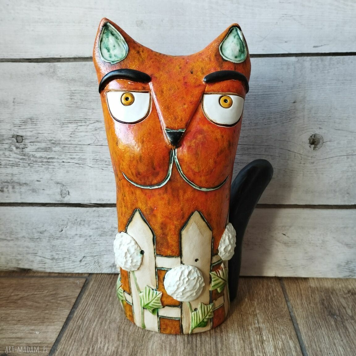 Zestaw barwnych kotów w stylu Mondriana i hortensji - ceramika handmade