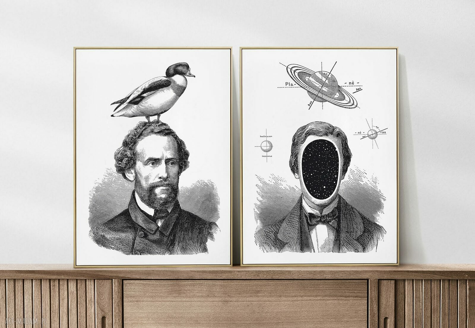 Zestaw biało-czarnych plakatów do sypialni 40x50 cm - Człowiek, kosmos i ptak