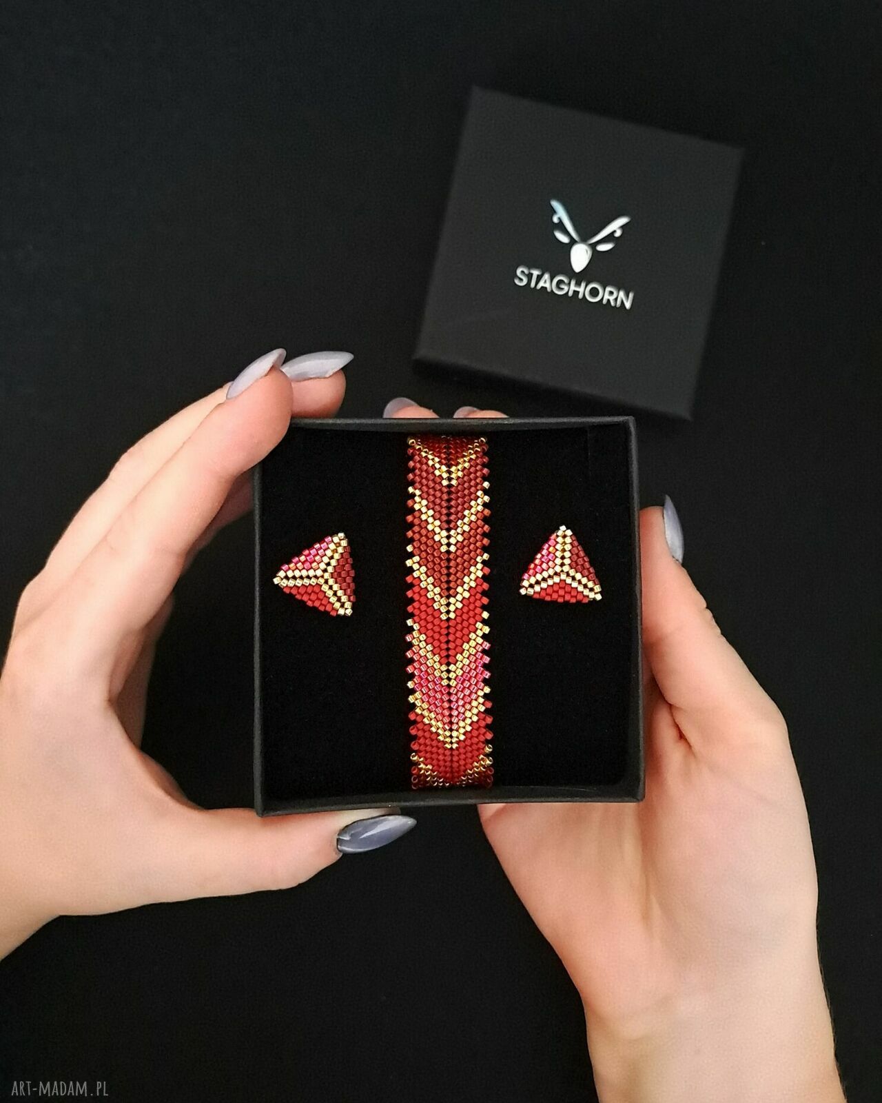 Red Chevron - jesienny zestaw biżuterii: bransoletka i kolczyki sztyfty