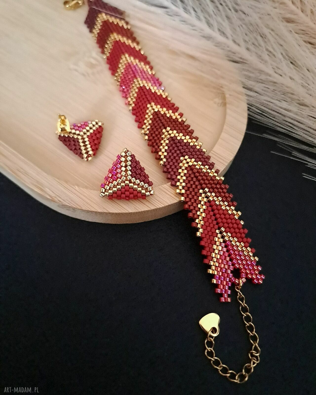 Red Chevron - jesienny zestaw biżuterii: bransoletka i kolczyki sztyfty