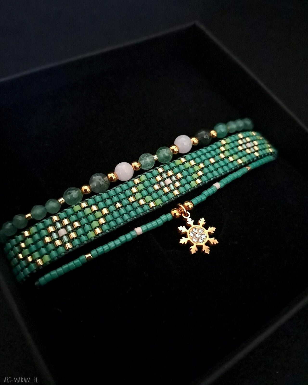 Zestaw bransoletek „Emerald Frost” - awenturyn, kwarc różowy i agat mszysty