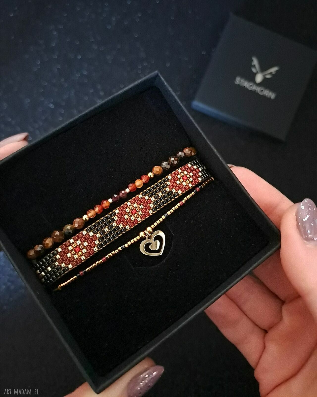Zestaw bransoletek „Crimson Aura” - Tygrysie oko, Karneol i Granat