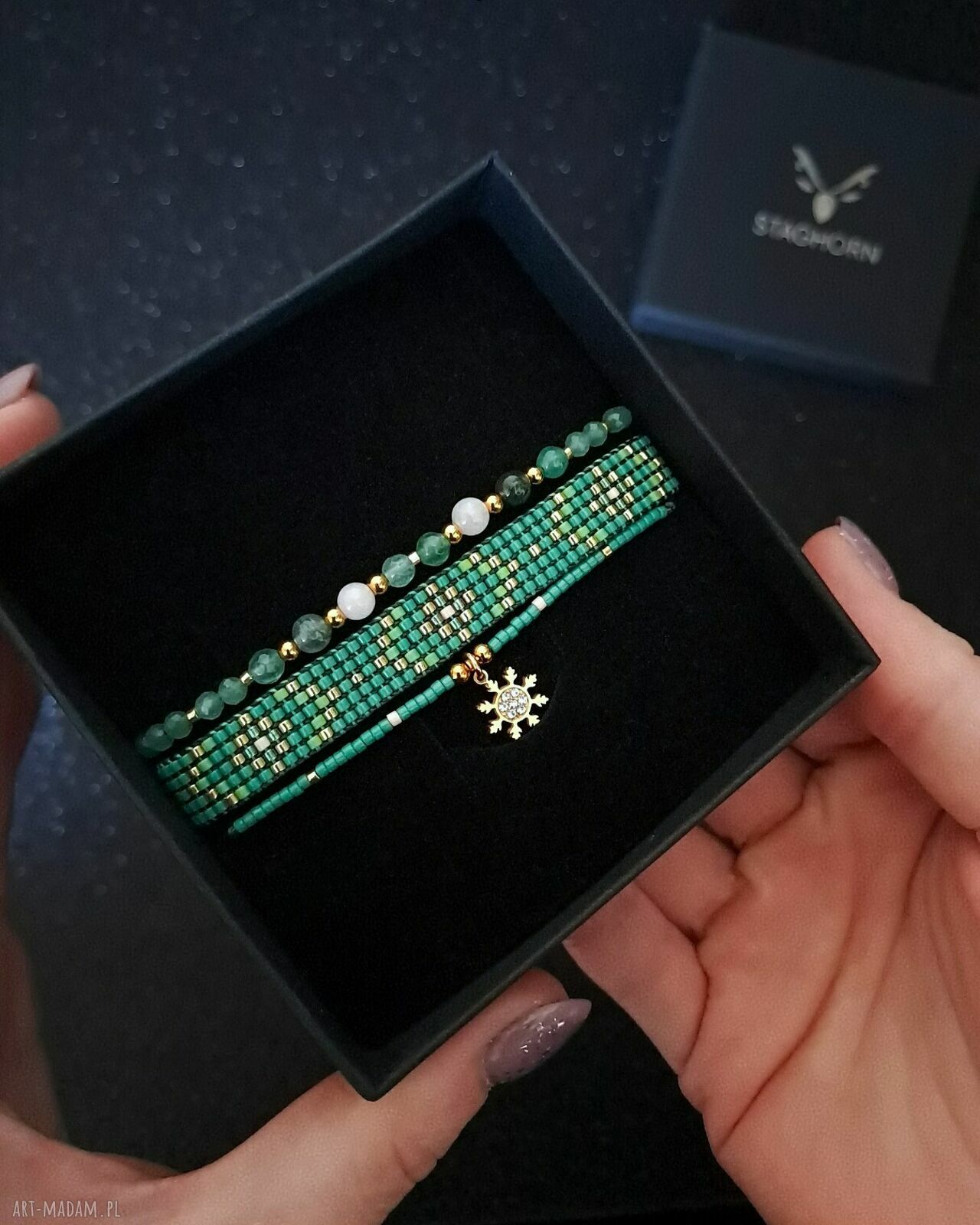 Zestaw bransoletek „Emerald Frost” - awenturyn, kwarc różowy i agat mszysty