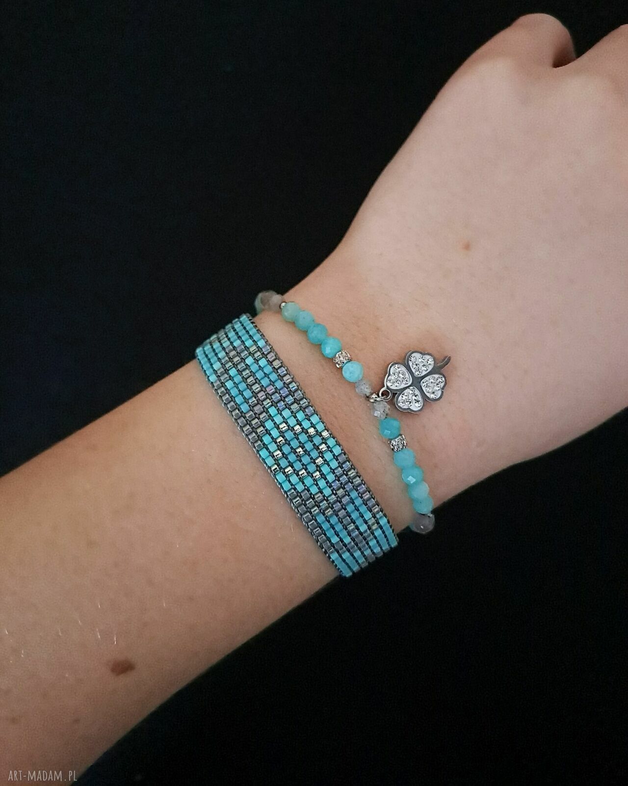 Zestaw bransoletek „Azure Mist” - amazonit i labradoryt z koniczynką
