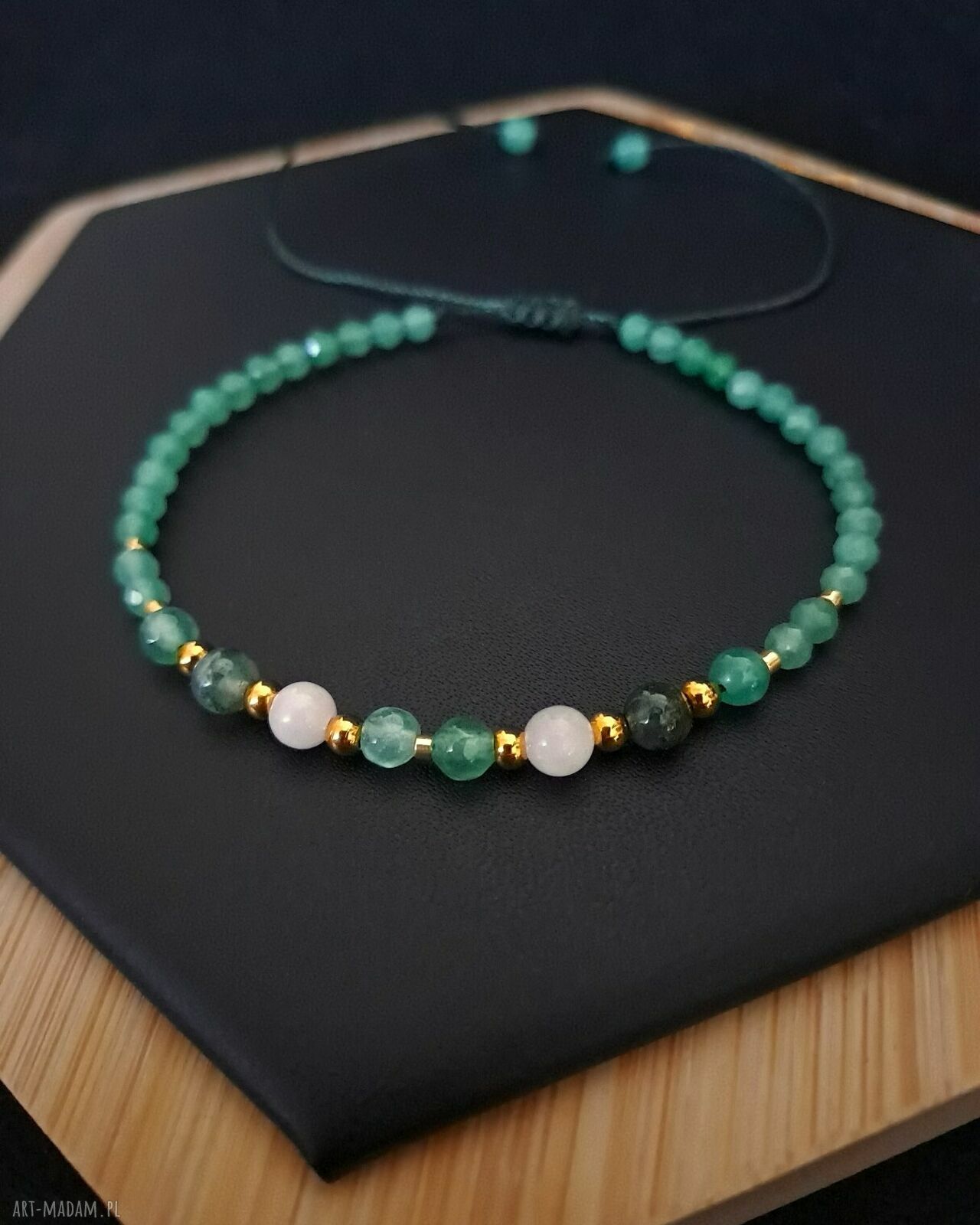 Zestaw bransoletek „Emerald Frost” - awenturyn, kwarc różowy i agat mszysty