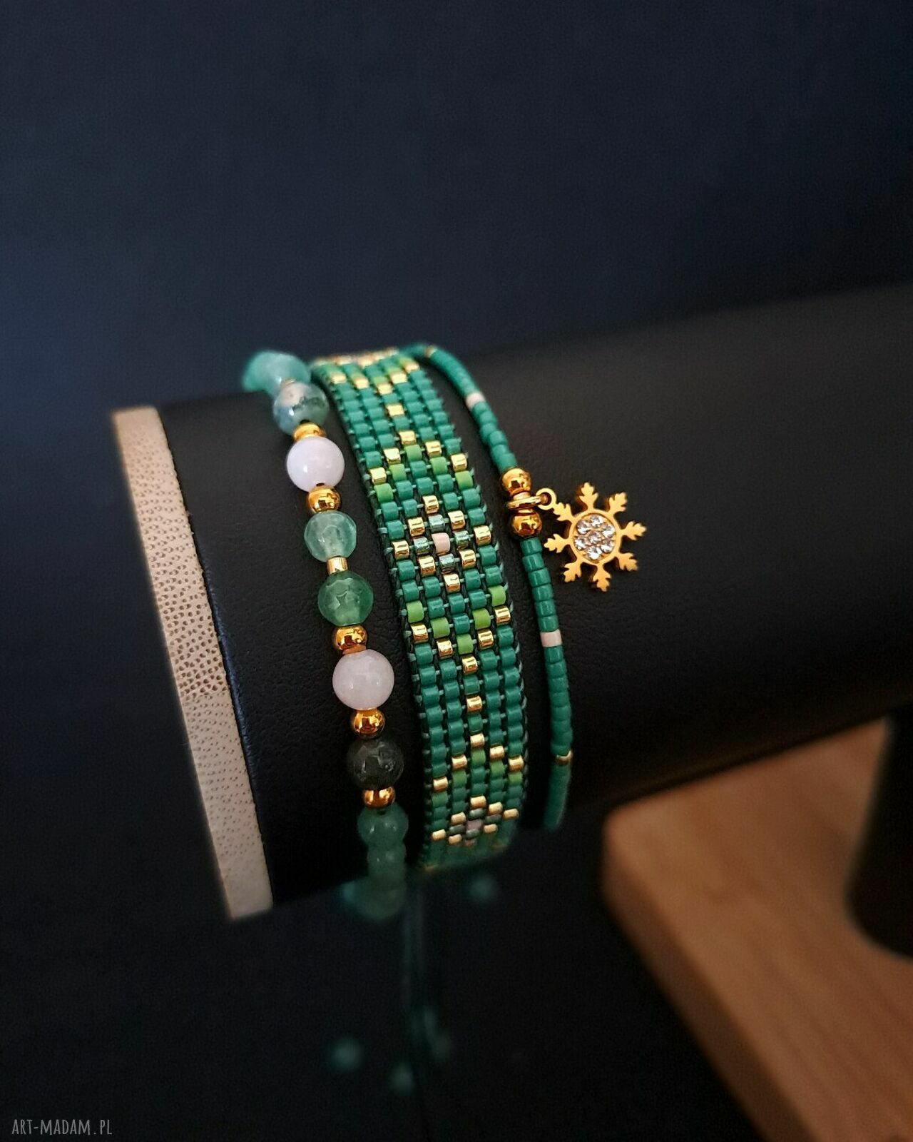 Zestaw bransoletek „Emerald Frost” - awenturyn, kwarc różowy i agat mszysty