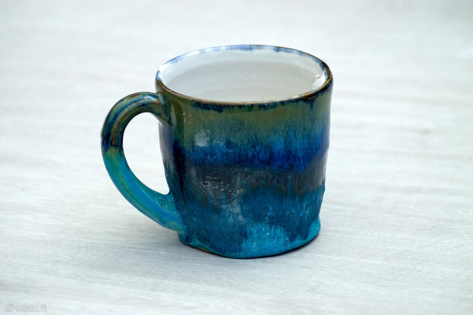 Duży kubek i miseczka z koniem - rękodzieło ceramiczne w turkusie