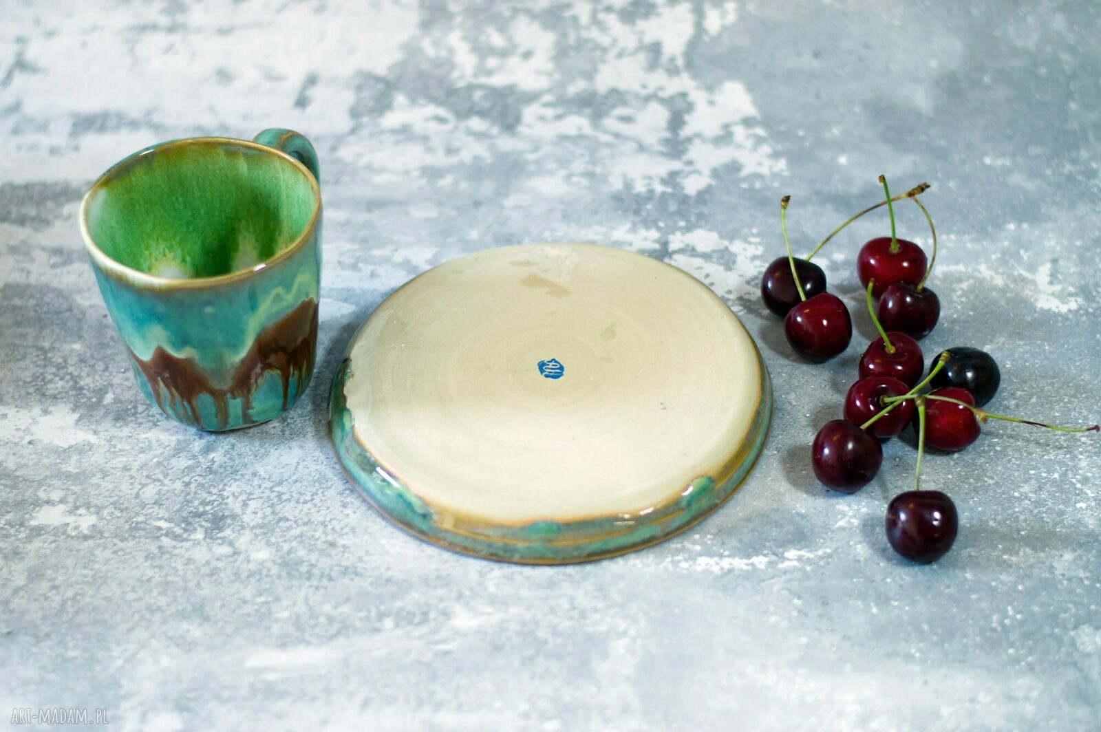 Zielony zestaw ceramiczny KANION - kubek i talerzyk