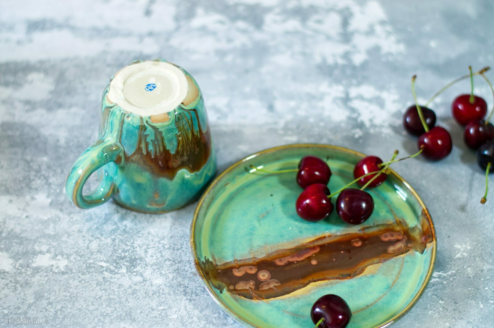 Zielony zestaw ceramiczny KANION - kubek i talerzyk