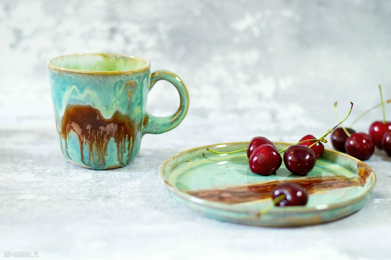 Zielony zestaw ceramiczny KANION - kubek i talerzyk