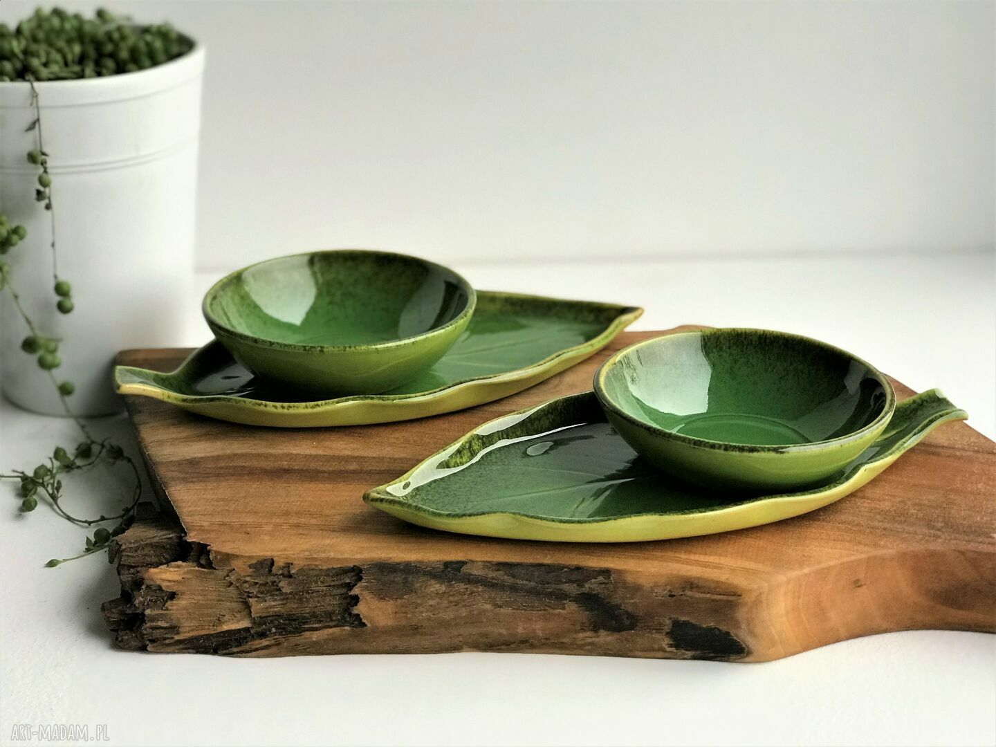 Zestaw ceramiczny dla dwojga - 2 talerze liść plus 2 miseczki