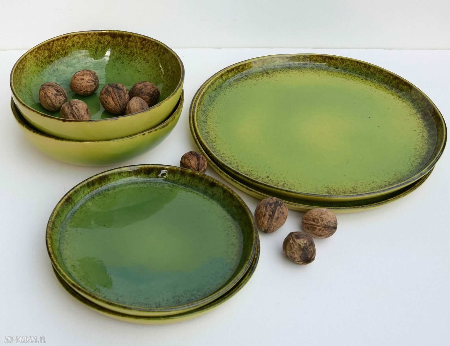 Zestaw ceramiczny dla dwojga - ręcznie szkliwiony talerz, miseczka i talerzyk