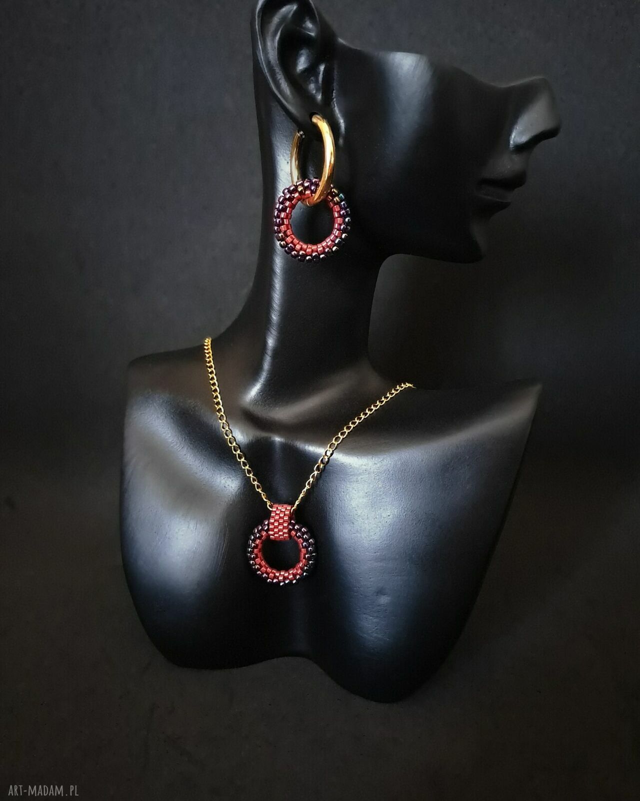 Zestaw „Crimson Vivid Loops” - kolczyki i naszyjnik z koralików
