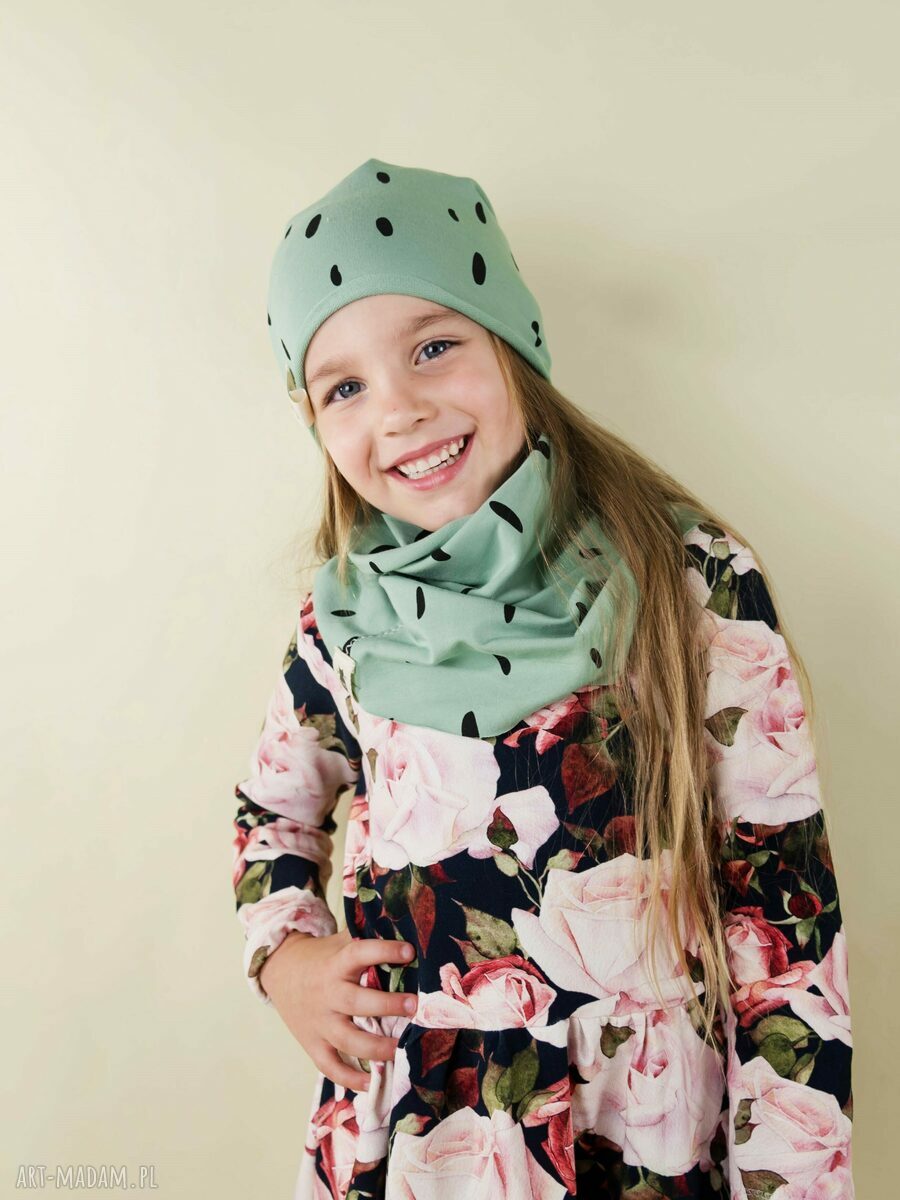 Zestaw czapka i komin PLAMKI - miętowy komplet handmade dla dziecka