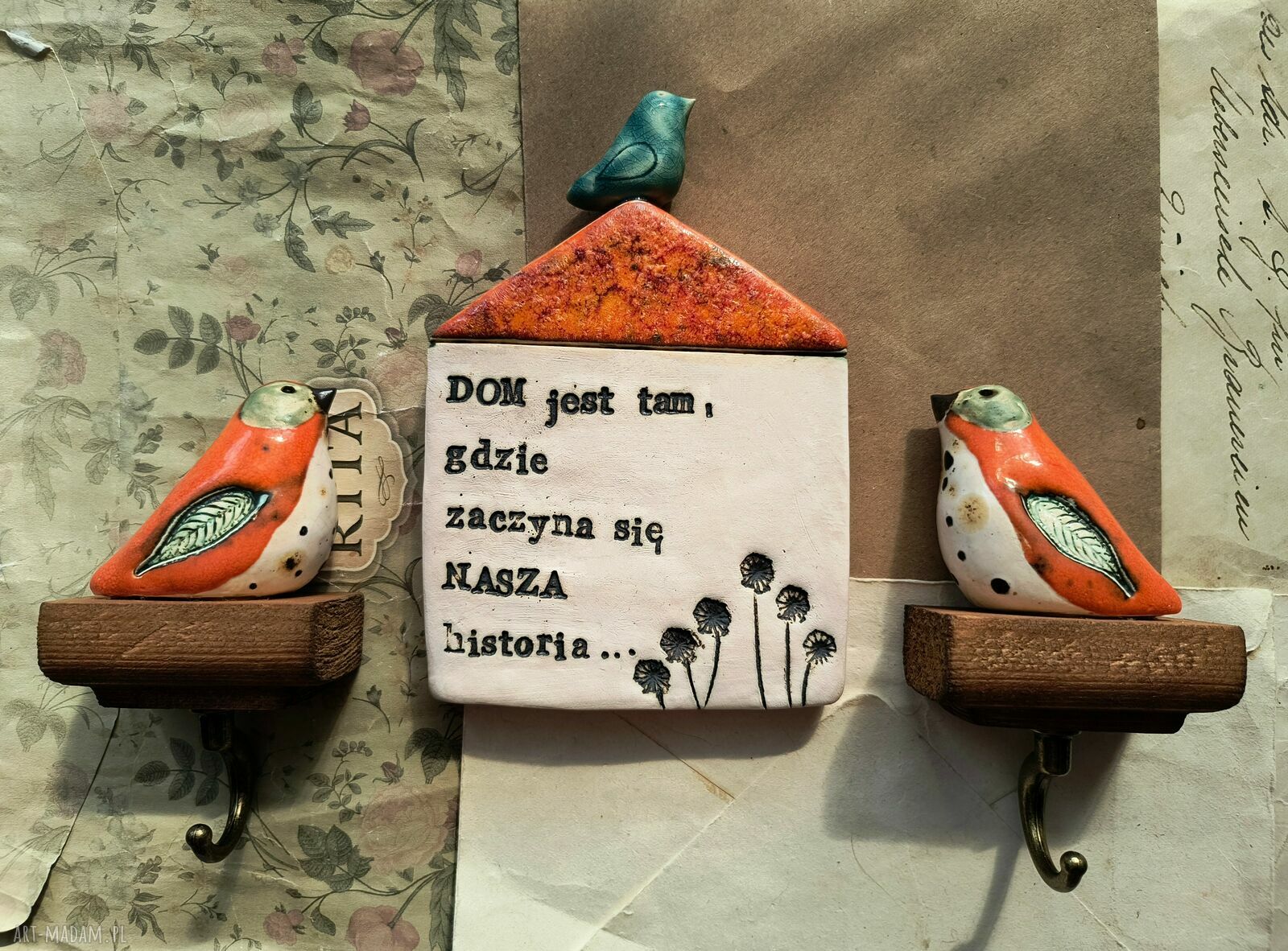 Zestaw Domek 2 wieszaki z ptaszkiem - ceramika handmade