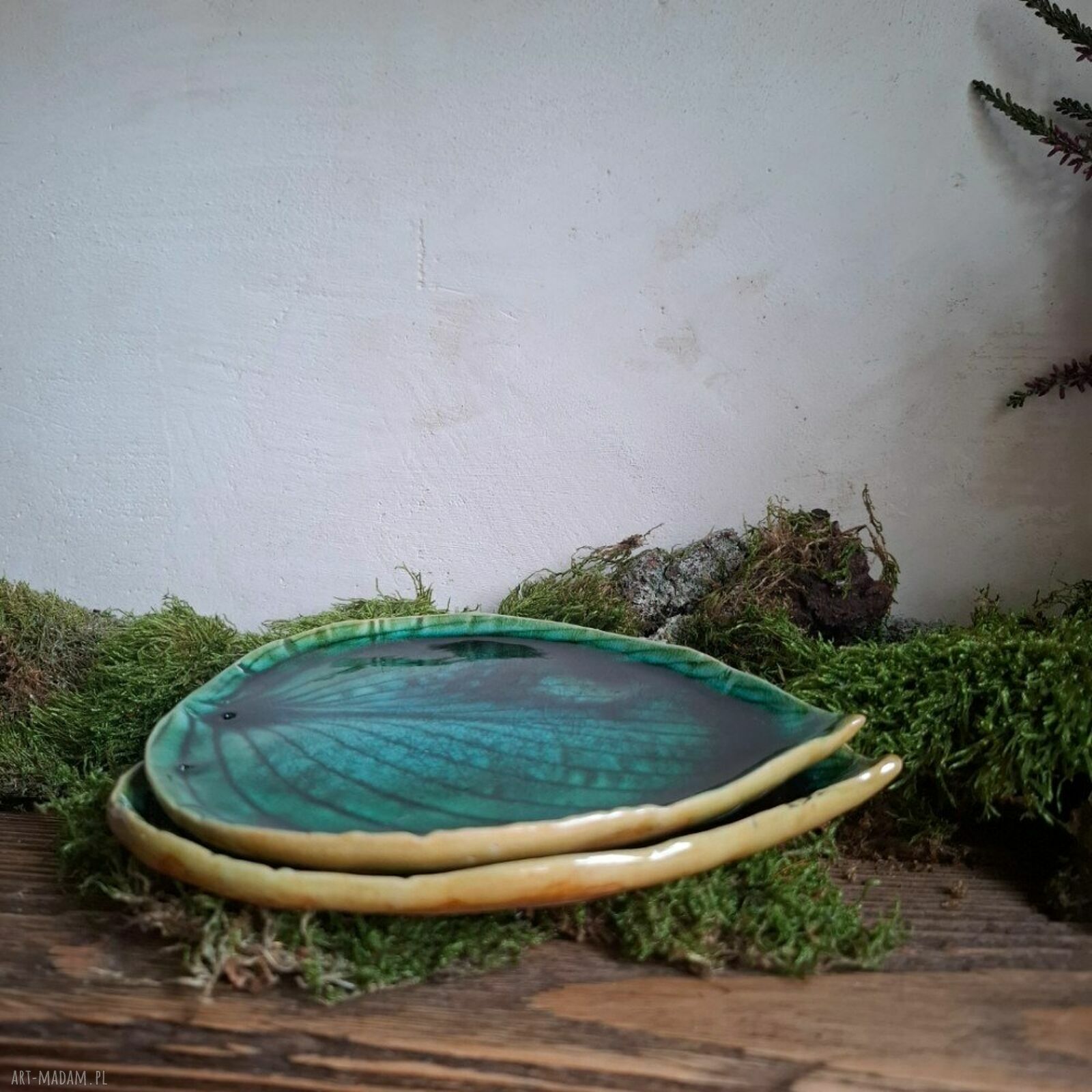 Zestaw dwóch talerzy ceramicznych Liści - Funkjaste Zielone