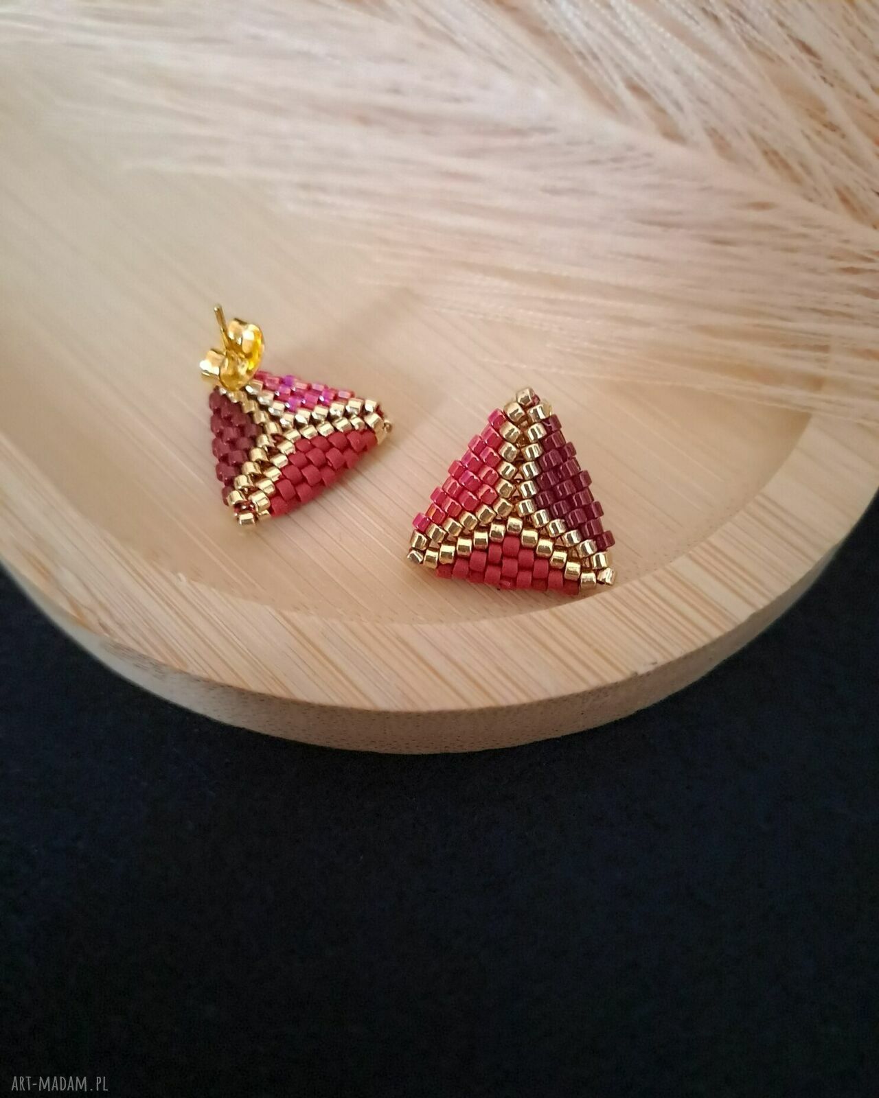 Red Chevron - jesienny zestaw biżuterii: bransoletka i kolczyki sztyfty