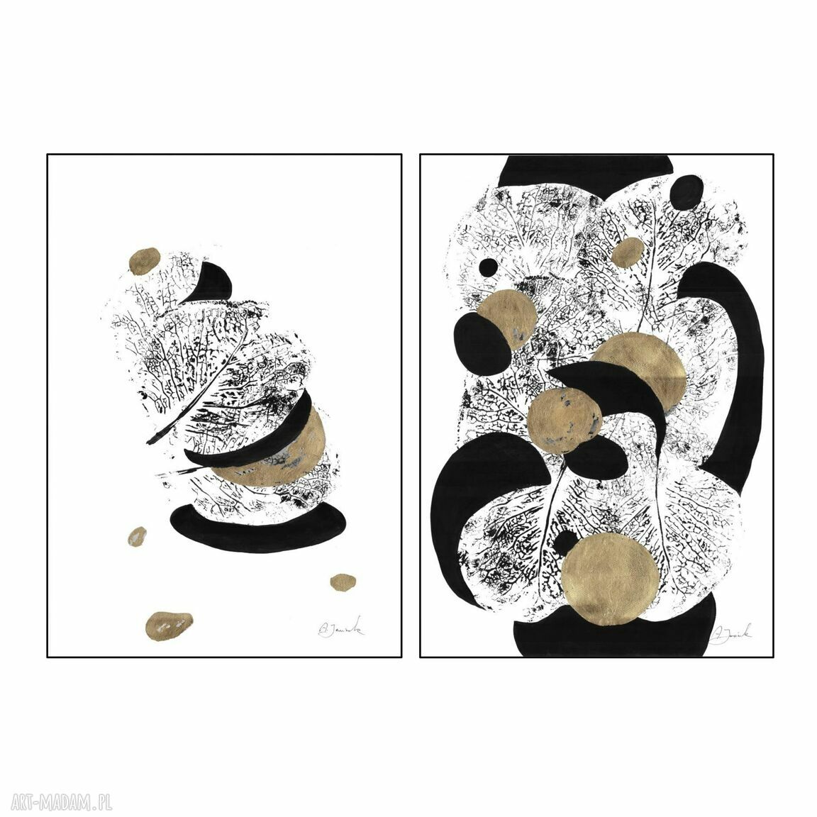Zestaw grafik "Abstrakcje natury" - dyptyk liście malowane i złocone ręcznie (2 x 75 x 52 cm)