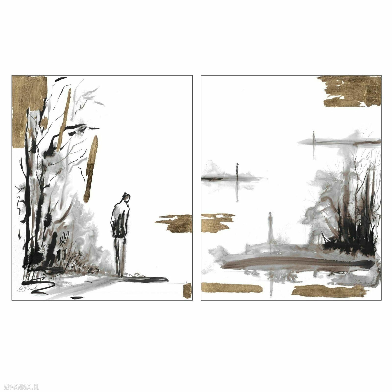 Dyptyk „Obecność” 2x50x40 cm - ręcznie malowany tuszem i złocony