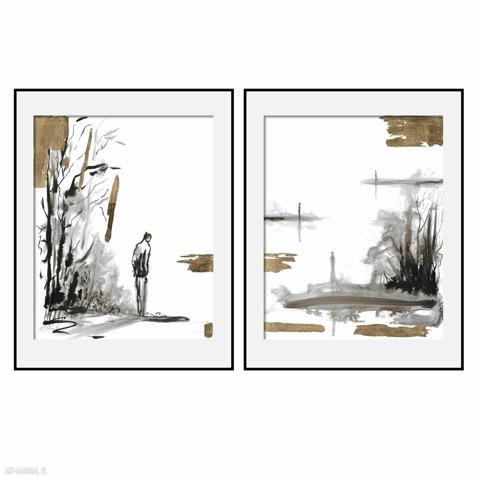 Dyptyk „Obecność” 2x50x40 cm - ręcznie malowany tuszem i złocony