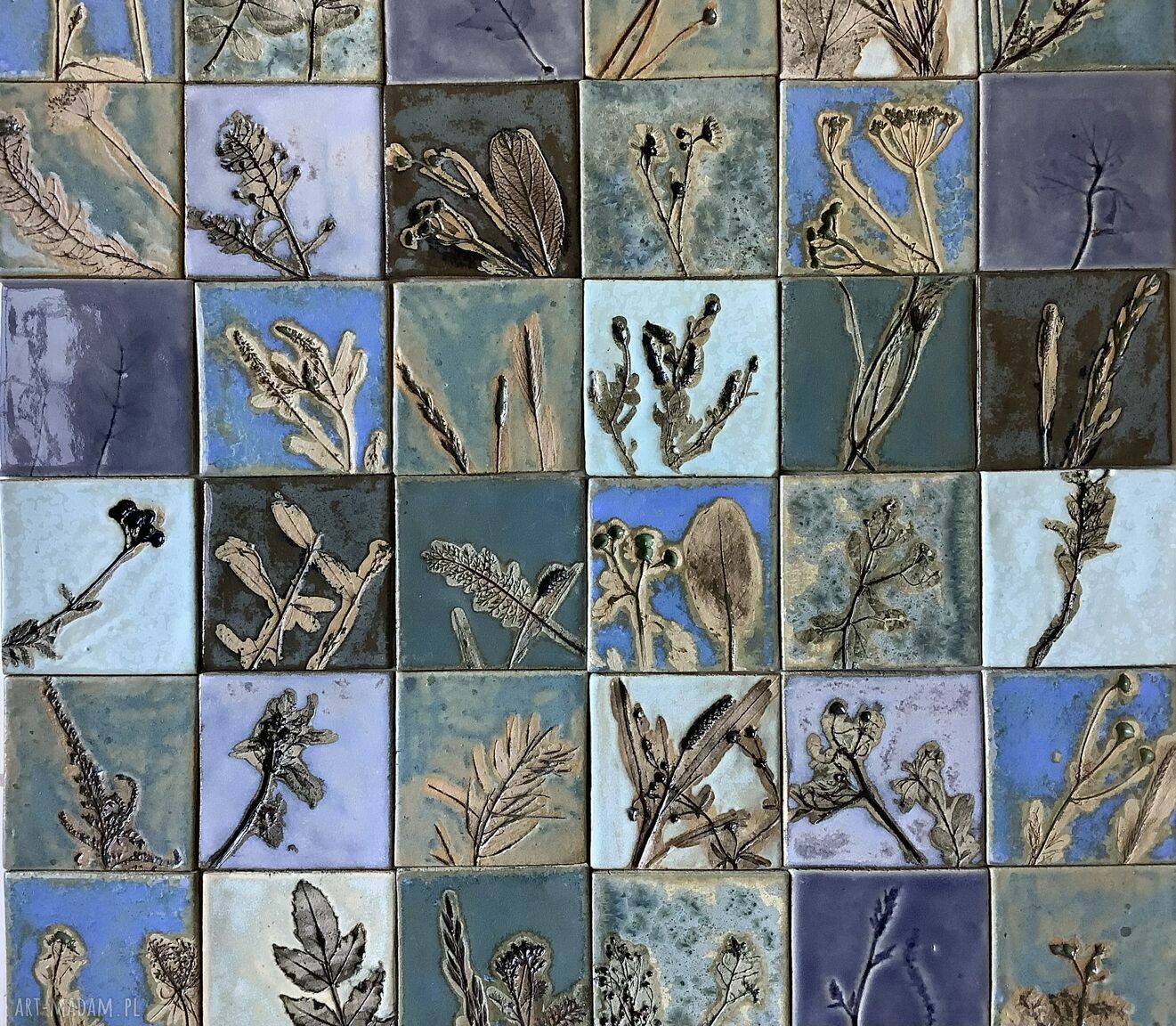 Tajemniczy ogród Blue - zestaw 36 kafli ceramicznych z roślinnymi odciskami