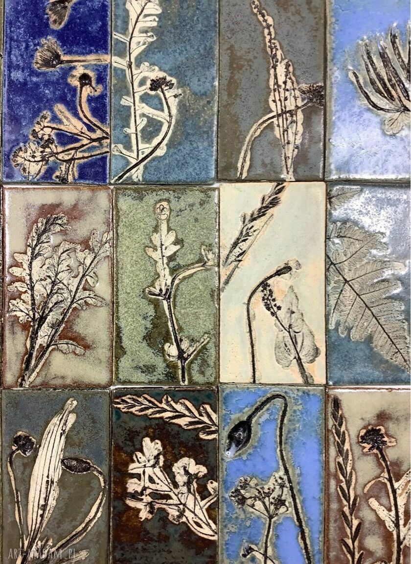 Zestaw kafli ceramicznych "Tajemniczy ogród XV" - roślinne kafle ścienne handmade