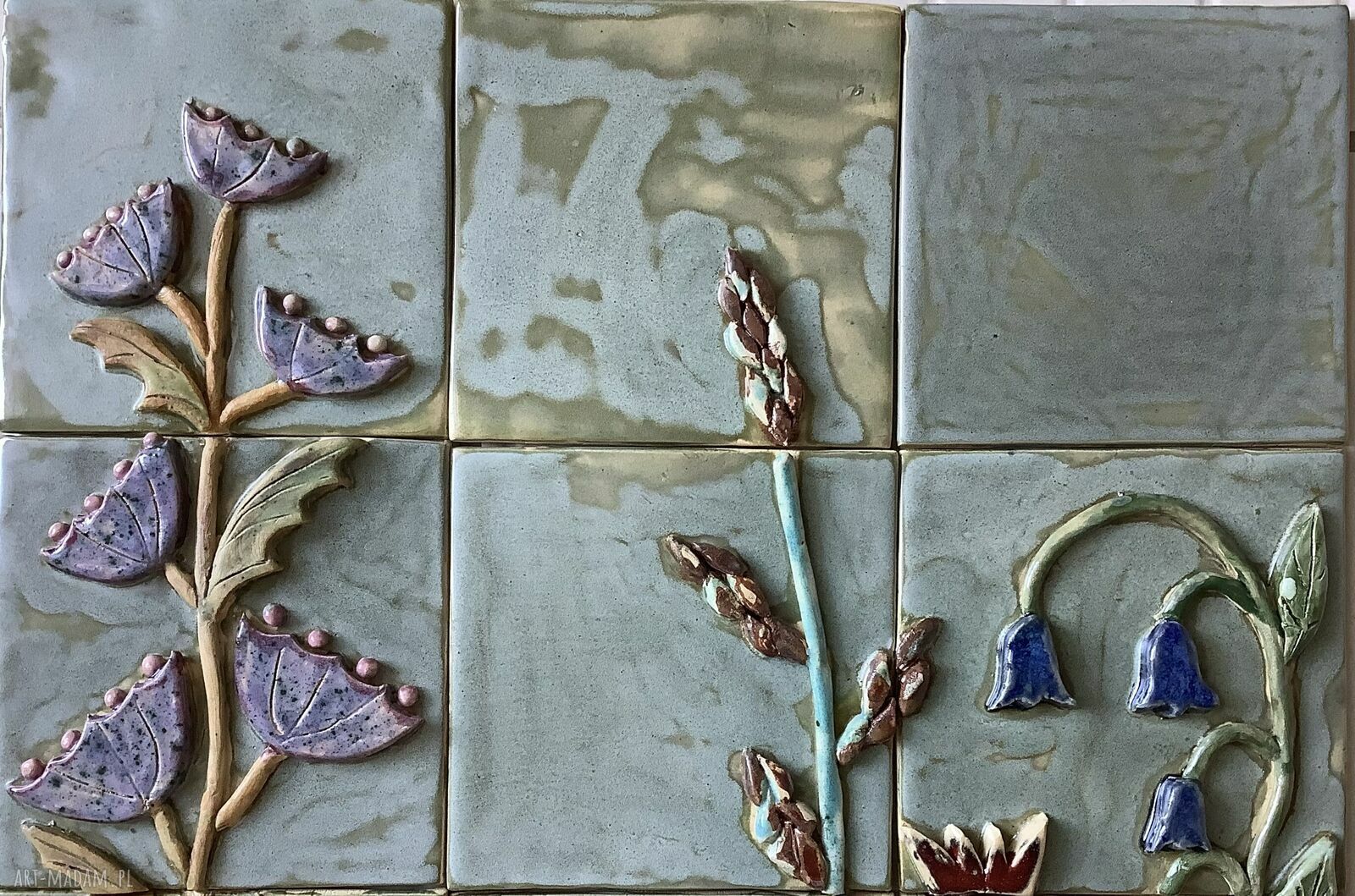 Zestaw kafli ceramicznych „Kwiaty” - ręcznie robiony obraz z roślinami