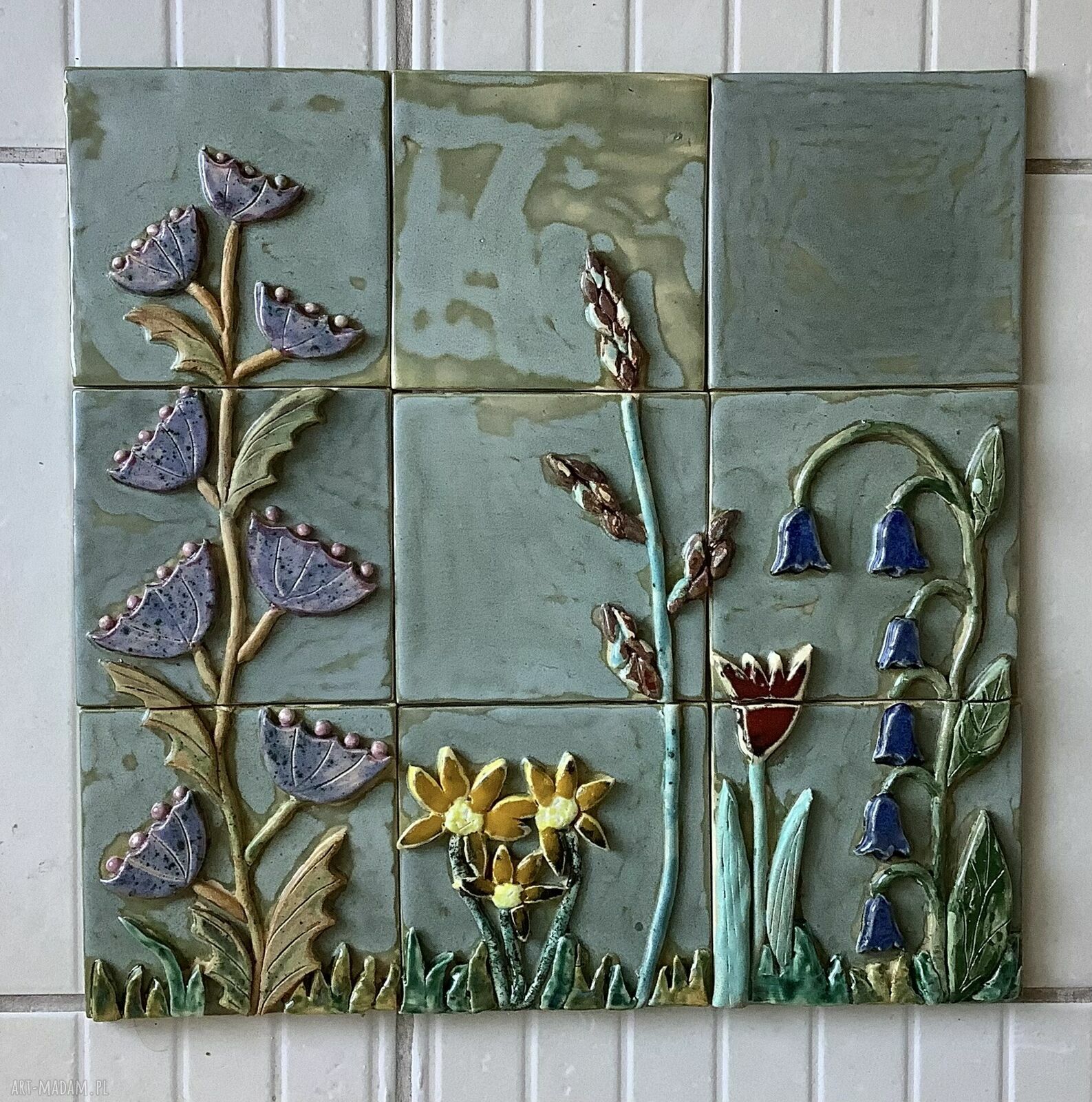Zestaw kafli ceramicznych „Kwiaty” - ręcznie robiony obraz z roślinami