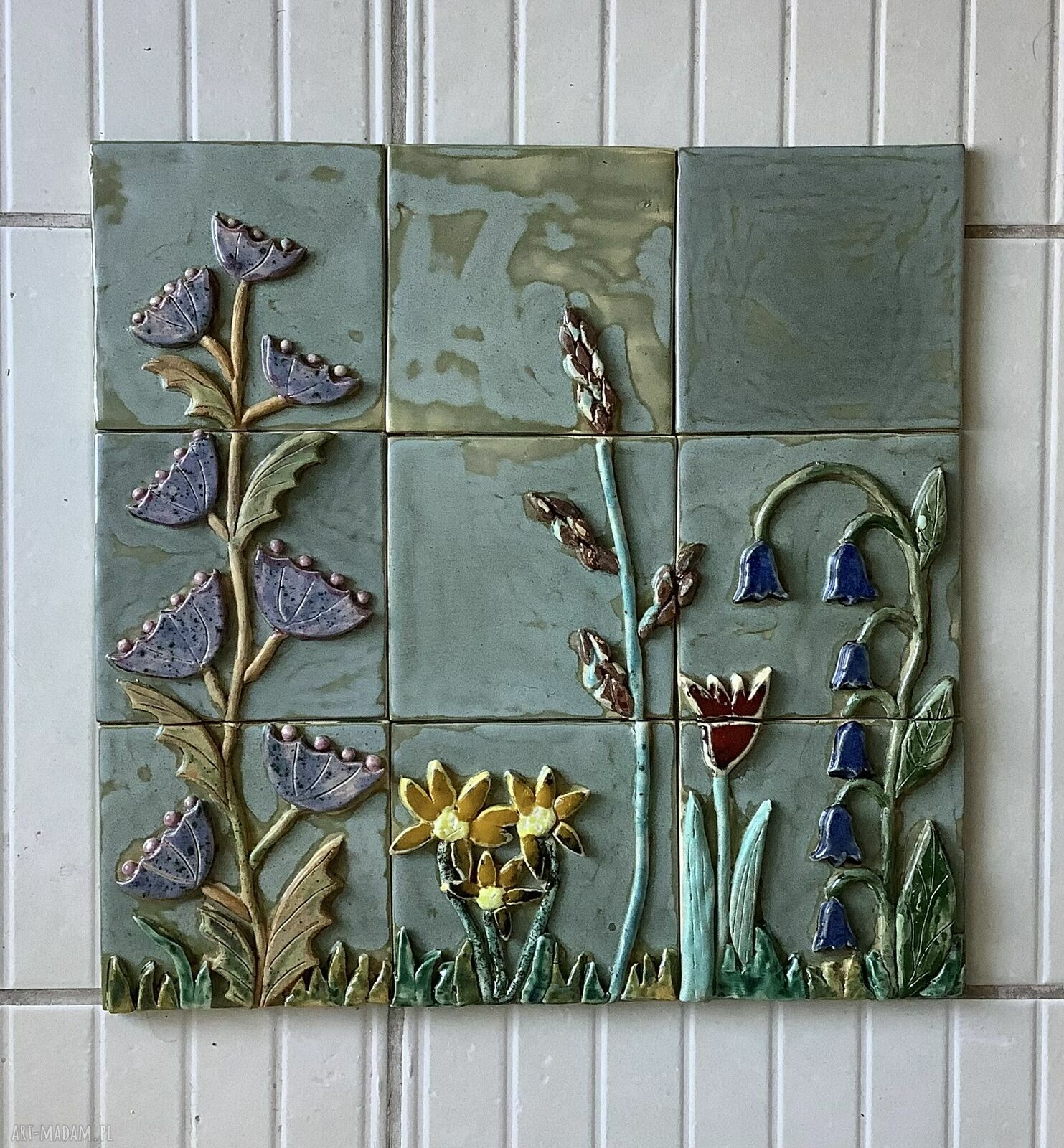 Zestaw kafli ceramicznych „Kwiaty” - ręcznie robiony obraz z roślinami