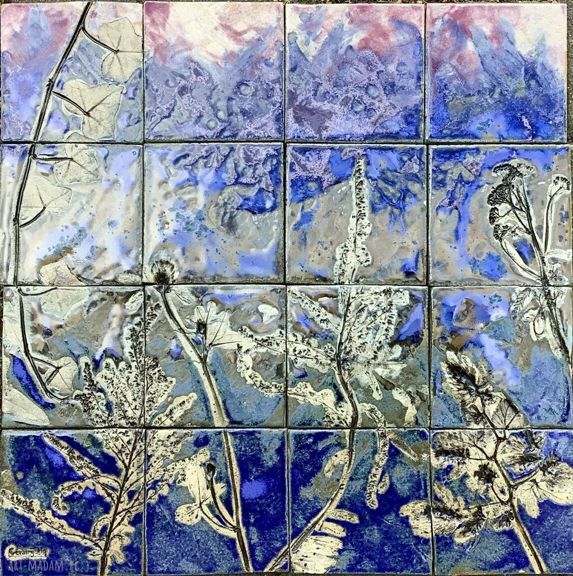 Zestaw kafli ceramicznych z roślinami - panel ścienny handmade