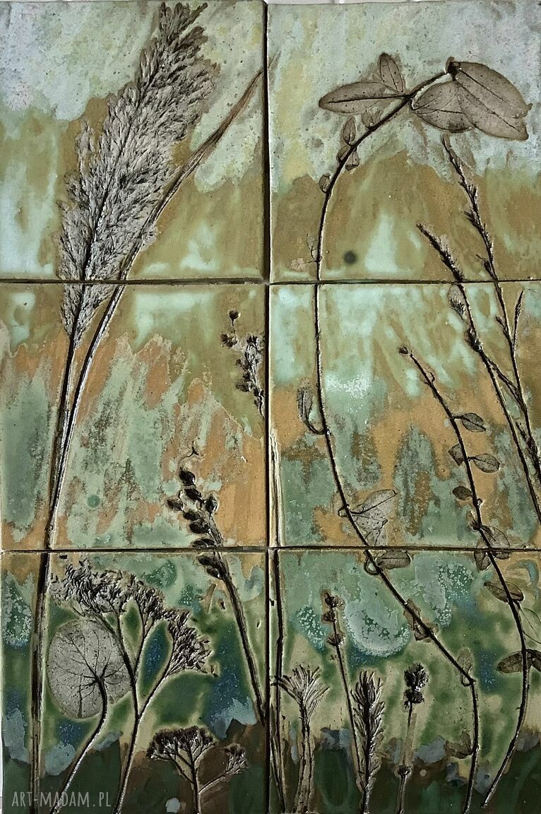 Ręcznie robiony zestaw kafli z roślinnymi odciskami - panel ścienny 41x28 cm