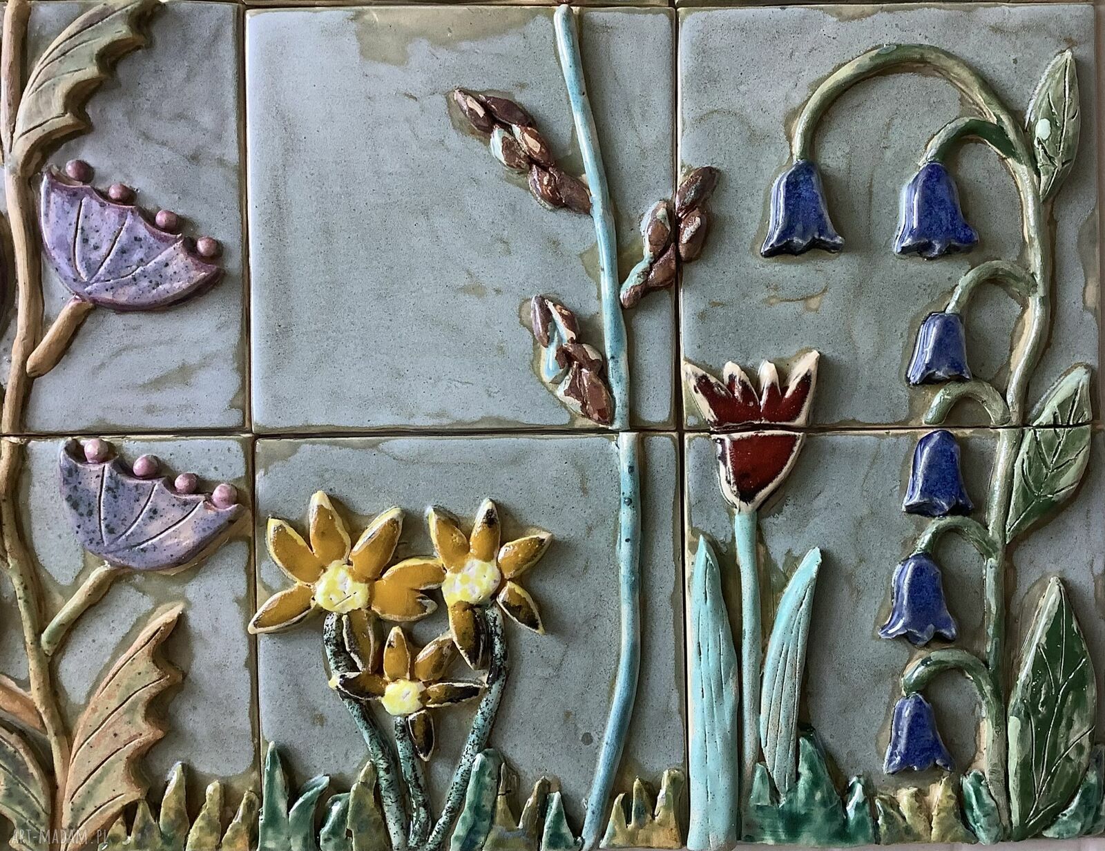 Zestaw kafli ceramicznych „Kwiaty” - ręcznie robiony obraz z roślinami