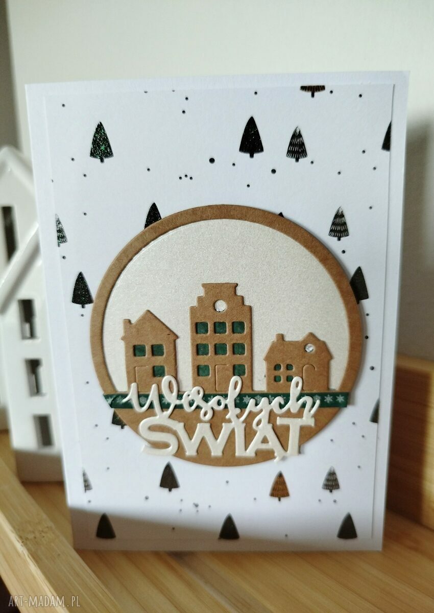 Zestaw 4 kartek świątecznych handmade scrapbooking z kopertami (10x15) - domek bliskości