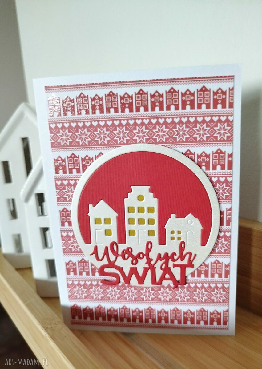 Zestaw 4 kartek świątecznych handmade scrapbooking z kopertami (10x15) - domek bliskości