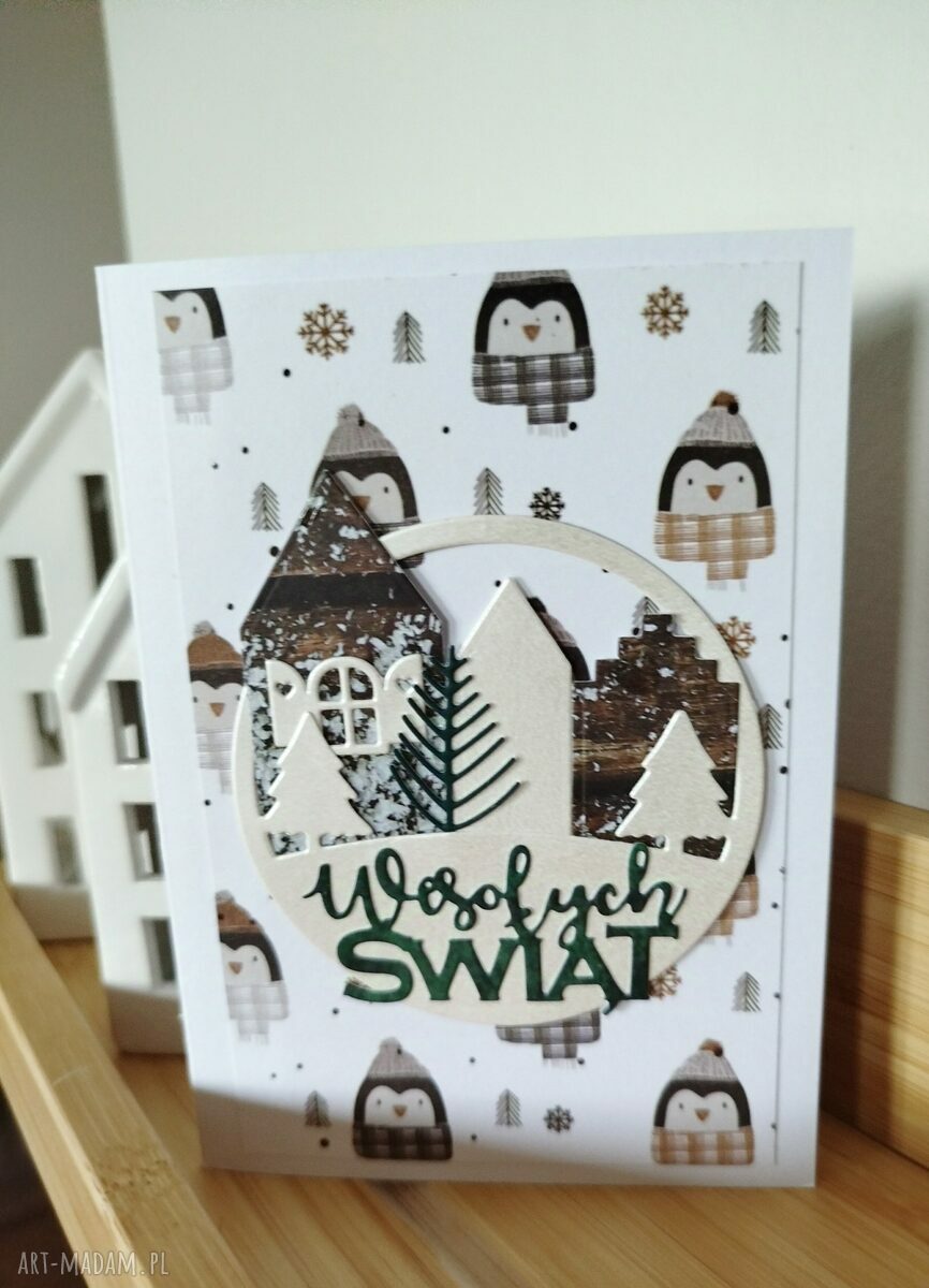 Zestaw 4 kartek świątecznych handmade scrapbooking z kopertami (10x15) - domek bliskości