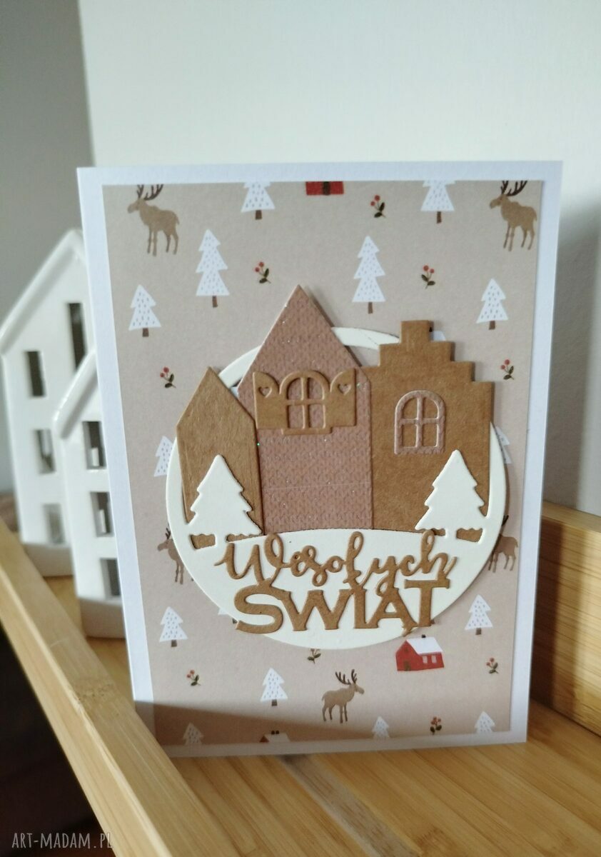 Zestaw 4 kartek świątecznych handmade scrapbooking z kopertami (10x15) - domek bliskości