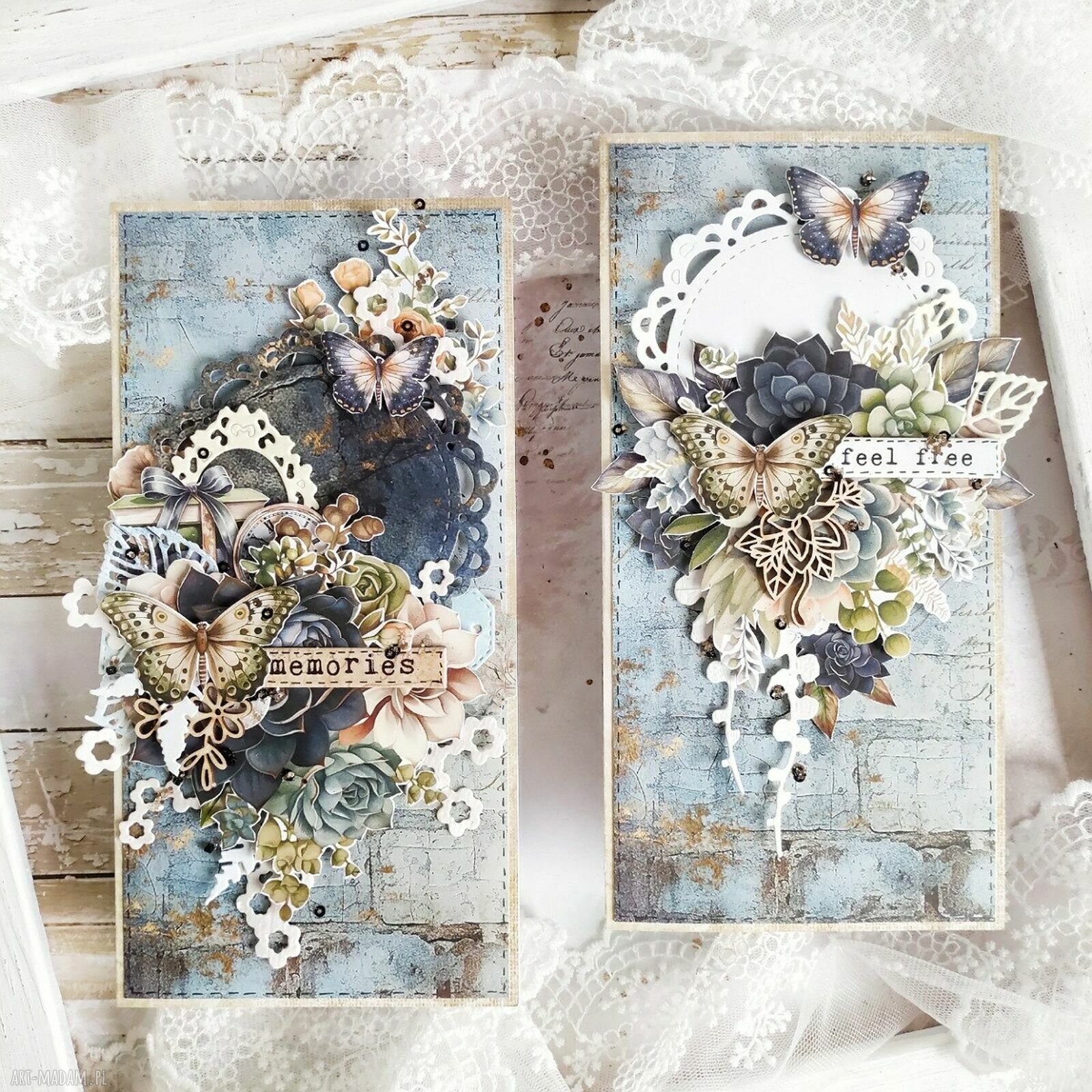 Zestaw kartek ślubnych Akwarela - koronka i kwiaty 2 szt., 10x20 cm