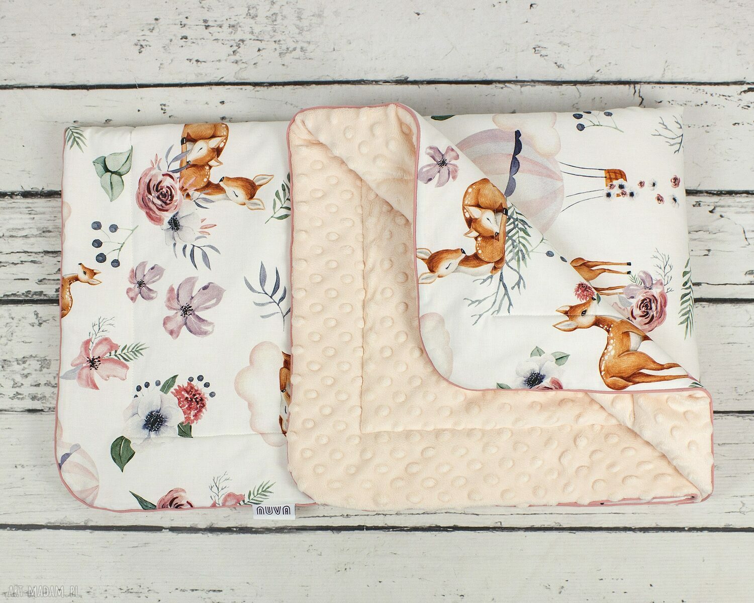 Zestaw kocyk i płaska poduszka Deer in Flower dla dziewczynki - miękkie Minky do łóżeczka 120x60