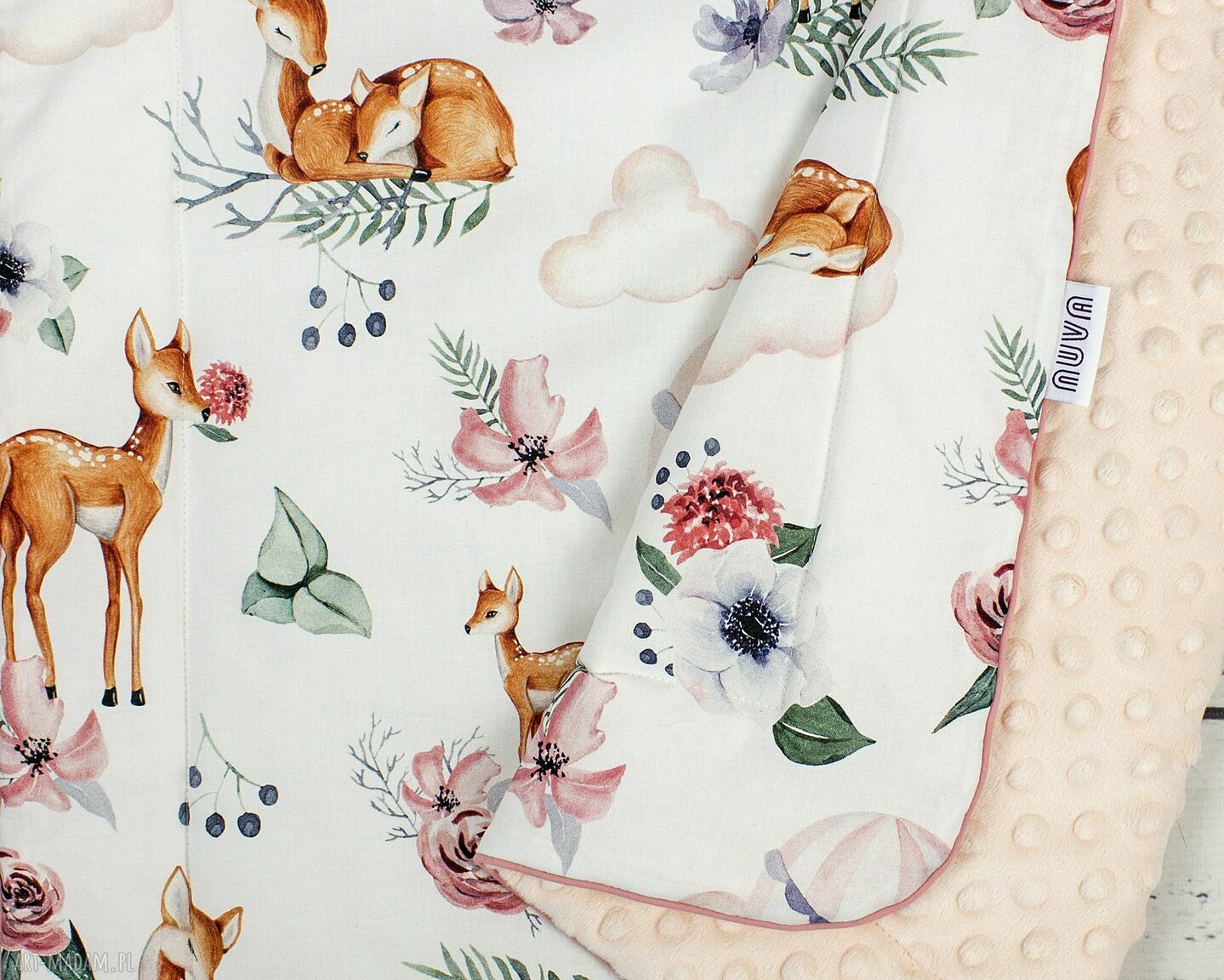 Zestaw kocyk i płaska poduszka Deer in Flower dla dziewczynki - miękkie Minky do łóżeczka 120x60
