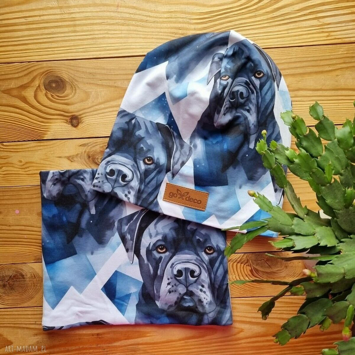Zestaw komin i czapka Cane Corso - kolorowa dzianina z szarą podszewką