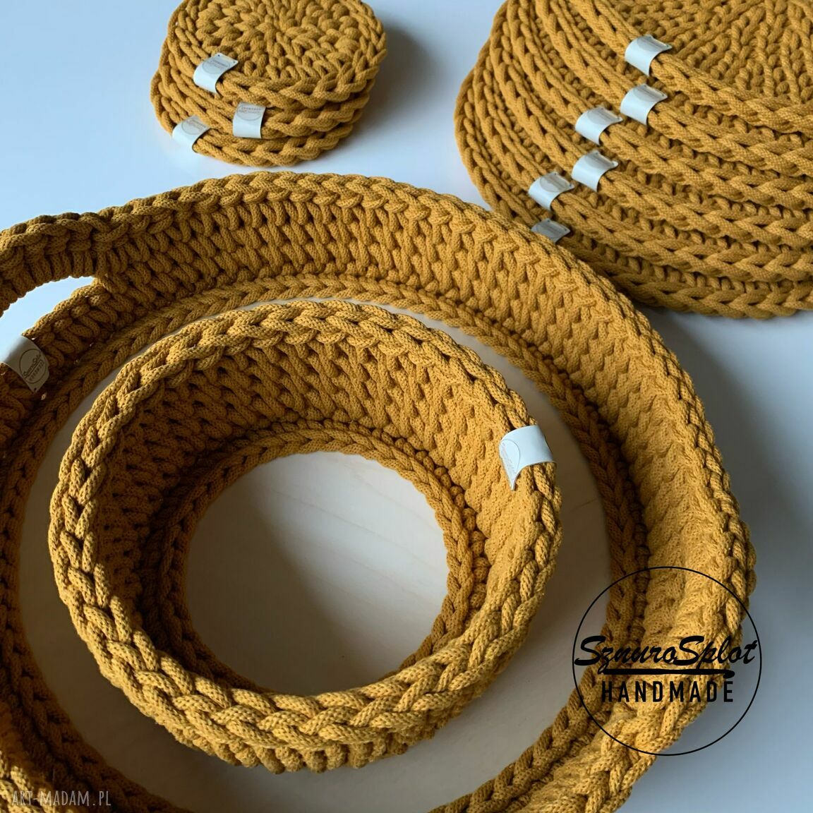 Zestaw podkładki, taca i koszyczek ze sznurka miód - komplet handmade
