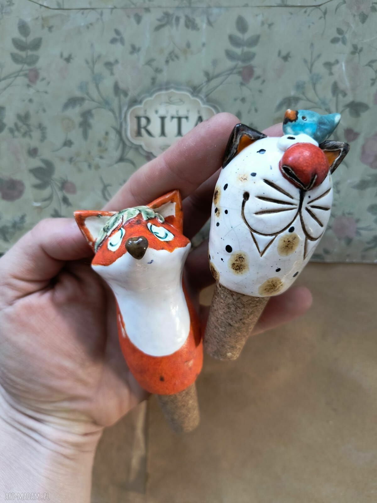 Zestaw korków do wina lis & kot - ceramiczny handmade