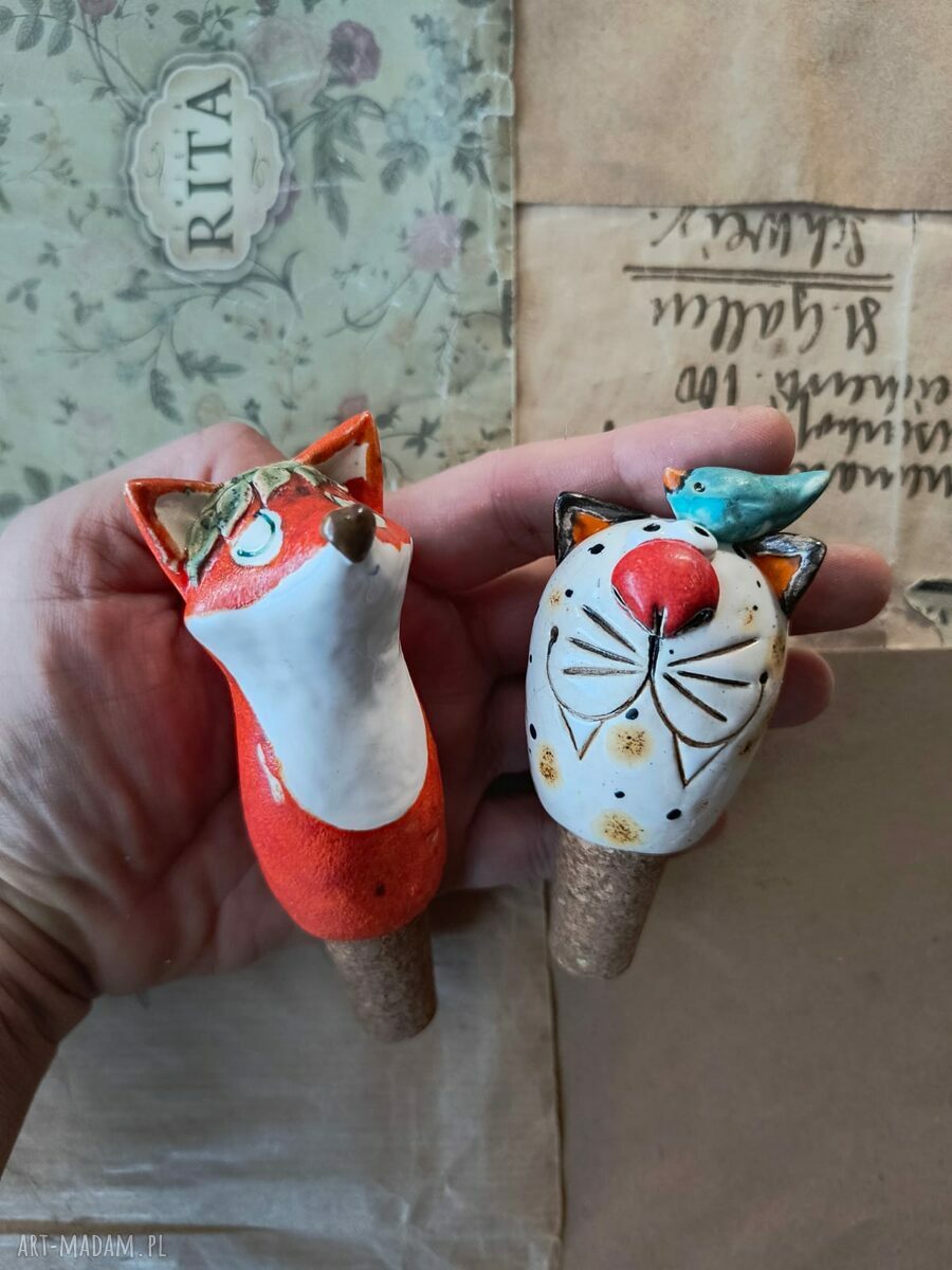 Zestaw korków do wina lis & kot - ceramiczny handmade