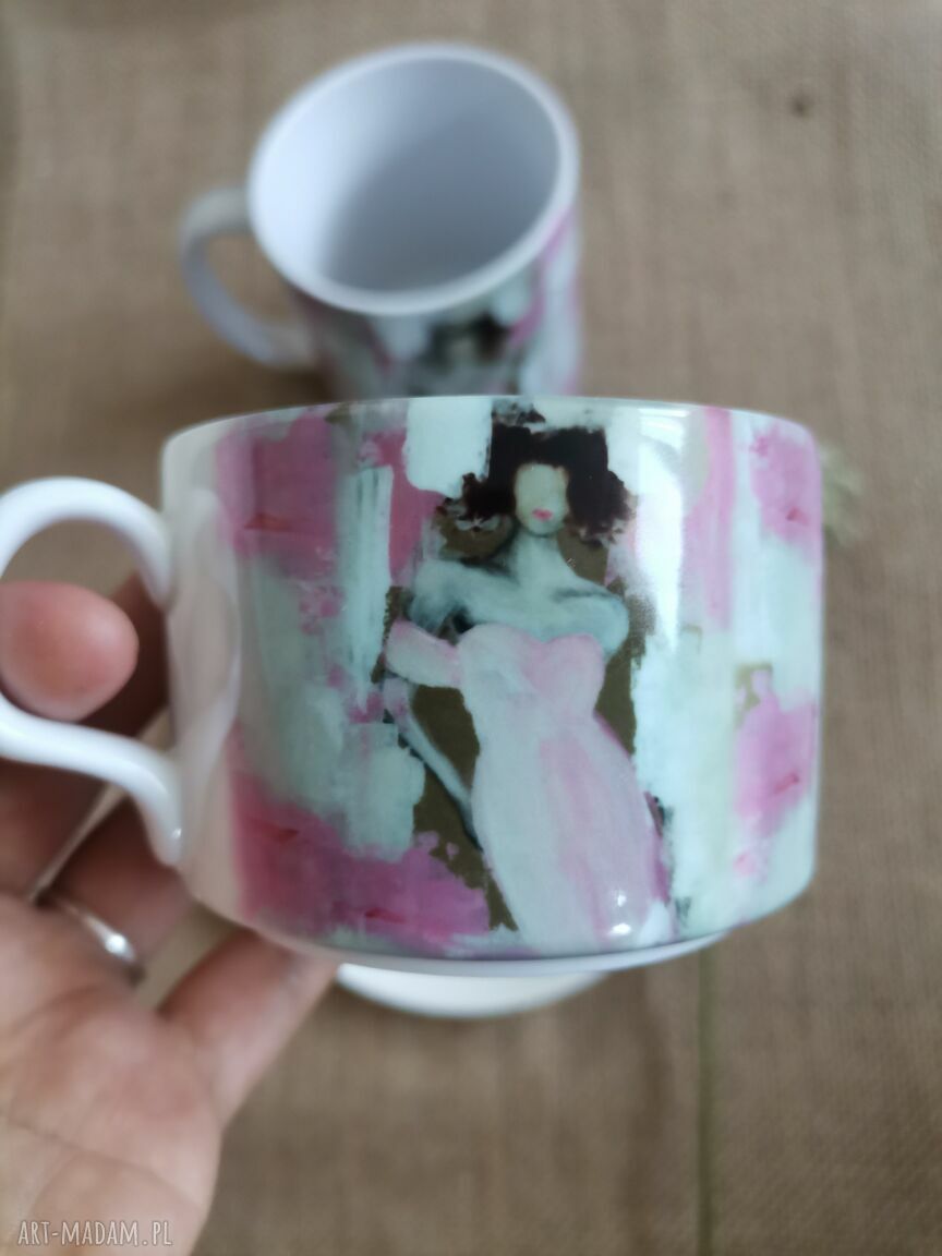 Zestaw kubek i filiżanka „Kolor Kobiety” - blady róż, obraz na ceramice