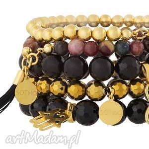 zestaw modowych bransoletek gold & black z turmalinem i chwostem komplet fashion