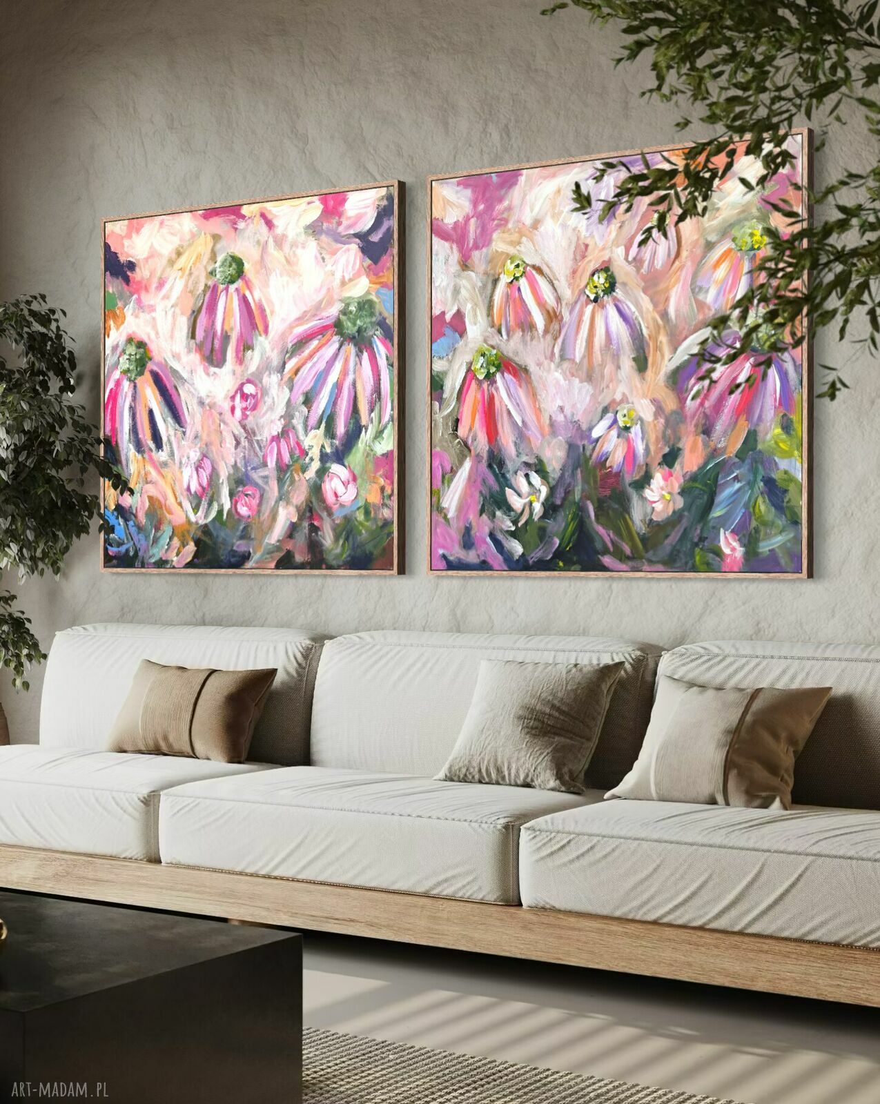 Zestaw kolorowych obrazów 100x100 cm - nowoczesna abstrakcja kwiaty