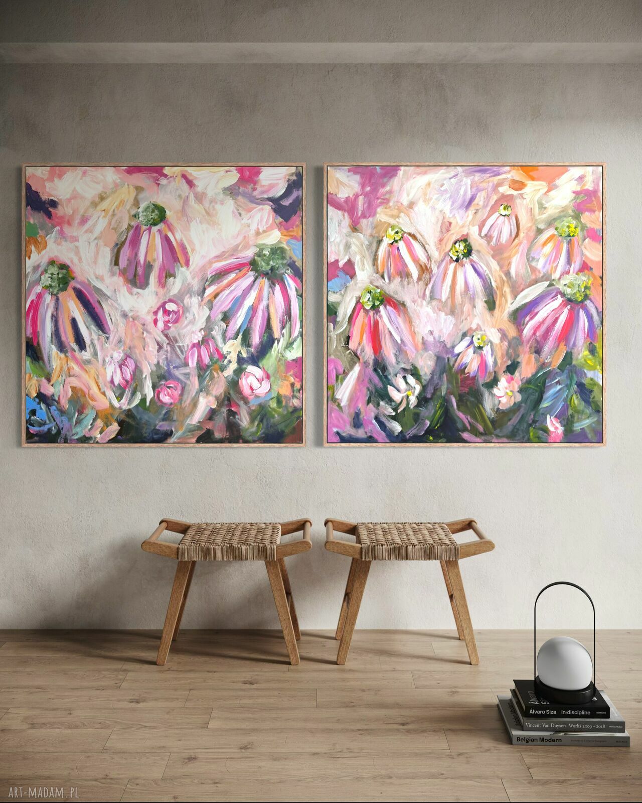 Zestaw kolorowych obrazów 100x100 cm - nowoczesna abstrakcja kwiaty