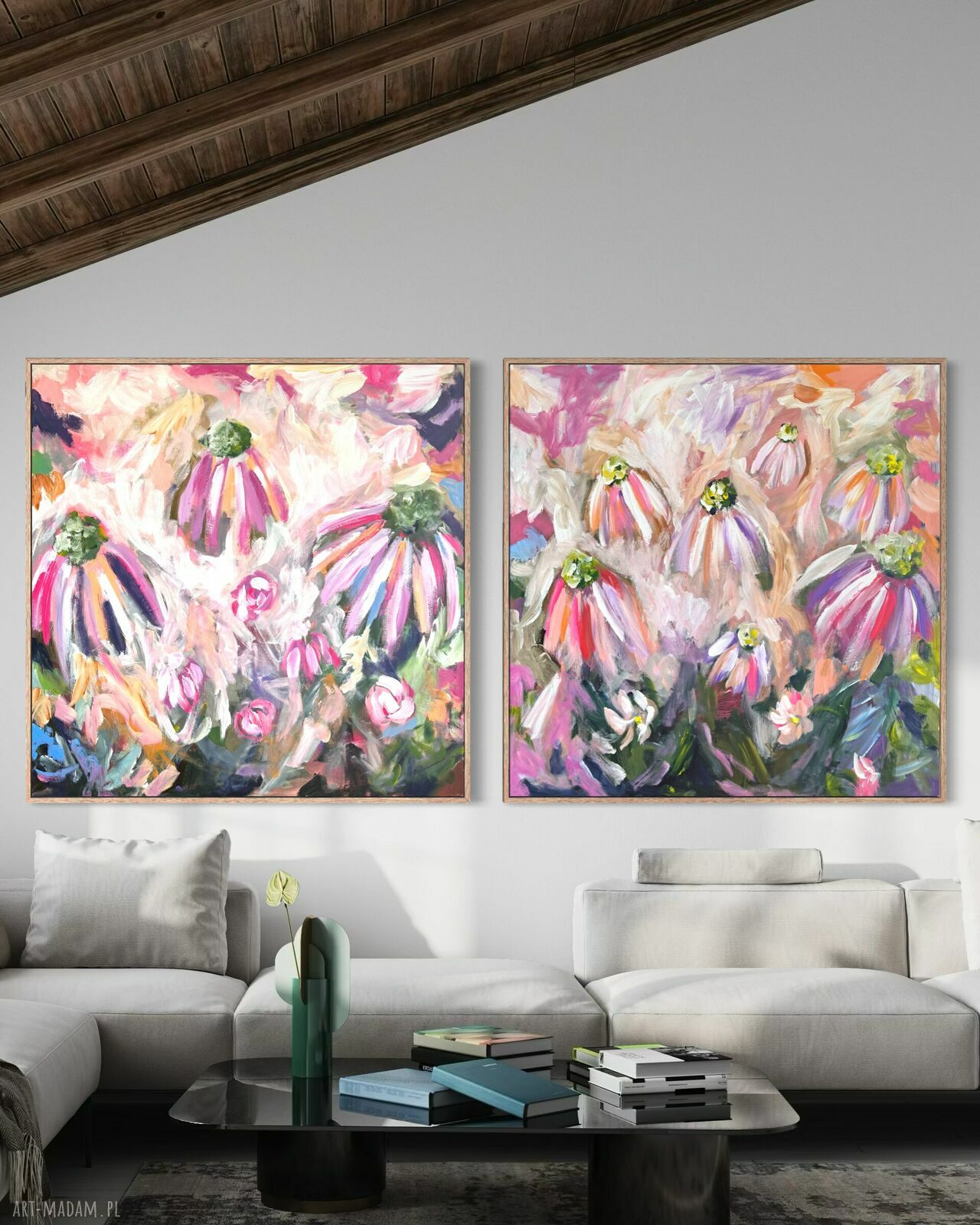 Zestaw kolorowych obrazów 100x100 cm - nowoczesna abstrakcja kwiaty