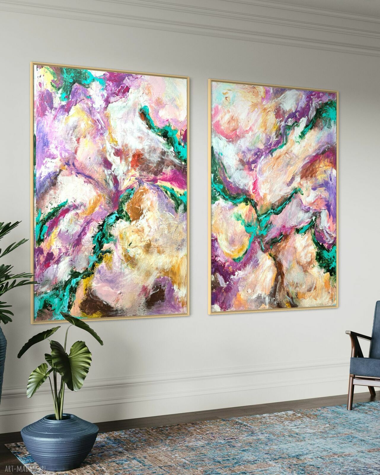 Zestaw kolorowych obrazów 90x60 cm - abstrakcja ręcznie malowana