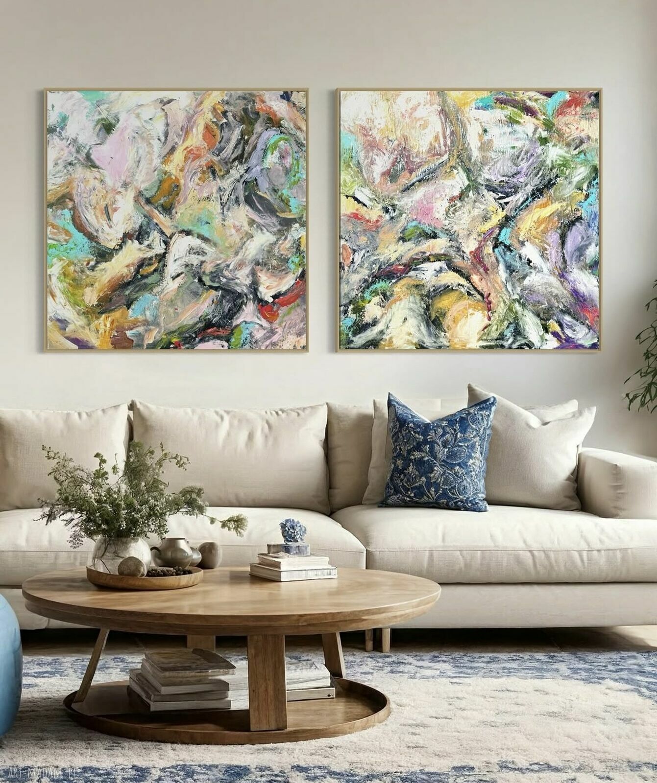 Zestaw dwóch obrazów abstrakcyjnych 80x80 cm - malowane akrylem na płótnie